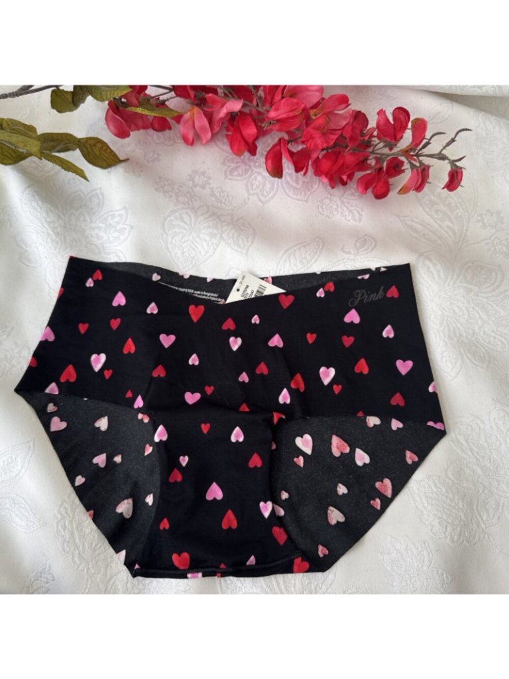 PINK VICTORIA'S SECRET XS BLACK PINK RED HEARTS HIPSTER HIPHUGGER PANTIES NWT
